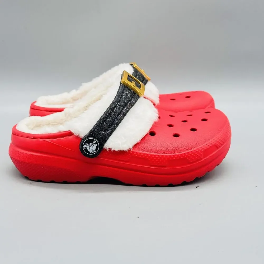 Crocs Shoes Girls 11 Red Glitter Fur Lined Clog Slip On Slippers Holiday Santa
